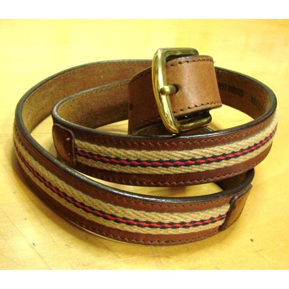 LeeGin Mens Belt Sz 32 Dress Brown Genuine Leather Fabric Cord Inlay 29907 Vtg